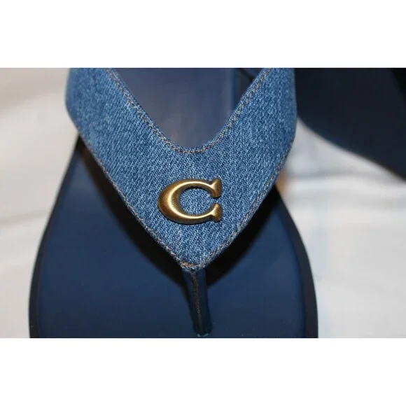 COACH SIGNATURE DENIM SCULPTED C‎ THONG FLIP FLOP SANDALS NIB CHALK BLUE - Picture 5 of 8